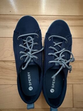 Sperry Navy Canvas Lace-Up Boat Shoes with Gray Laces